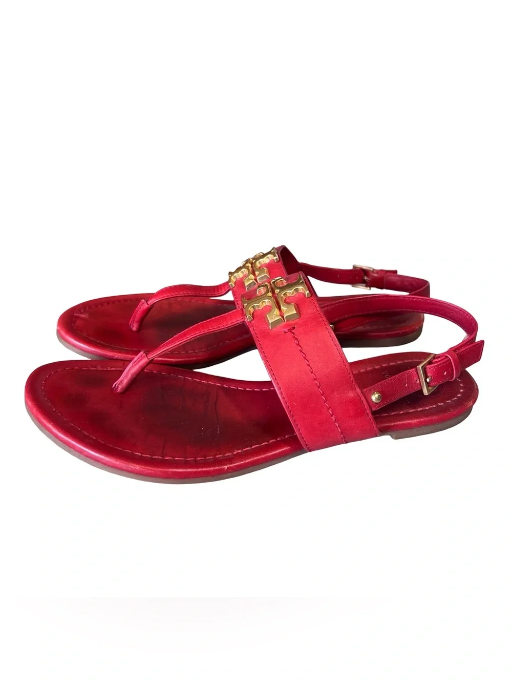 Tory Burch Women’s Sz 7.5 Red Leather Everly Sandals T-Strap Gold Logo